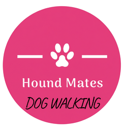 Logo for Hound Mates Dog Walking service with a pink circle and white paw print.